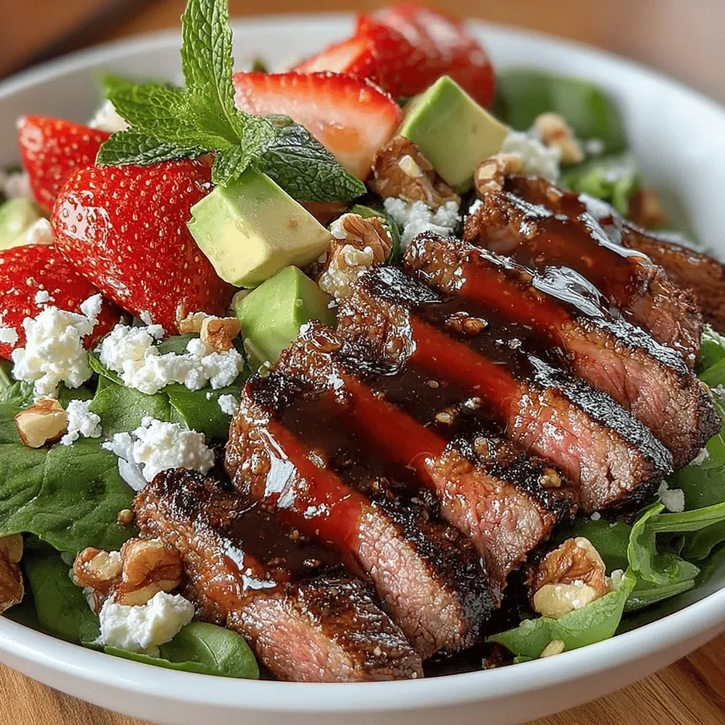 When it comes to combining flavors and textures in a single dish, few recipes can rival the Juicy Strawberry & Beef Salad Bowl. This vibrant and nutritious salad captures the essence of summer with its bright red strawberries and tender, savory beef, creating a harmonious blend that is not only visually appealing but also a feast for the palate. The interplay of juicy strawberries, perfectly cooked flank steak, and an array of fresh greens results in a dish that is as delicious as it is healthy, making it an ideal choice for lunch or dinner.
