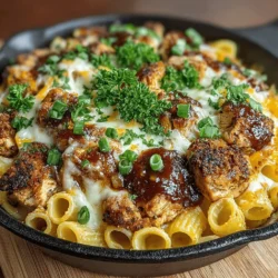 - 1 lb boneless, skinless chicken breasts, diced - 8 oz rigatoni pasta - 1/2 cup BBQ sauce (adjust to taste) - 1/2 cup shredded sharp cheddar cheese - 1/2 cup shredded mozzarella cheese - 1 tablespoon olive oil - 1 small onion, diced - 3 cloves garlic, minced - 1 teaspoon smoked paprika - Salt and black pepper to taste - 1/4 cup chopped fresh parsley for garnish - Optional: Sliced green onions for additional garnish
