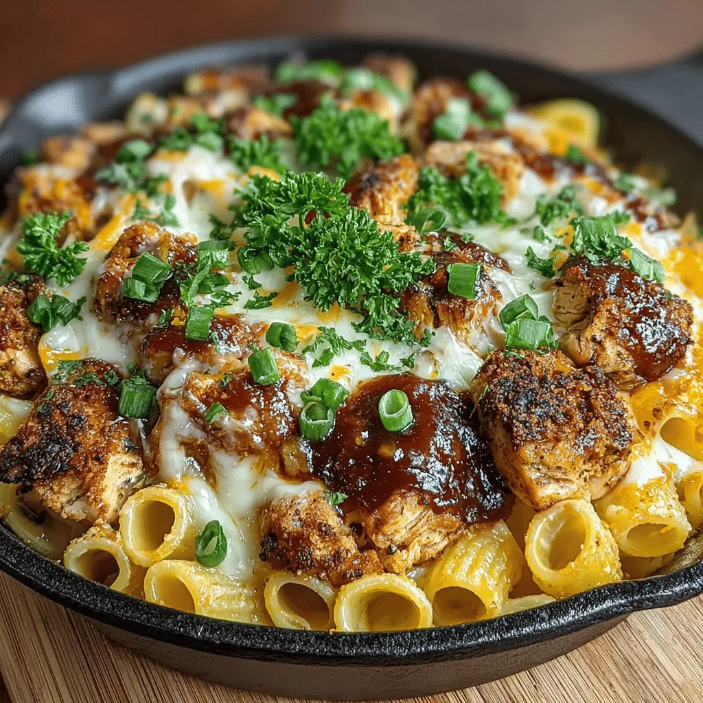 - 1 lb boneless, skinless chicken breasts, diced - 8 oz rigatoni pasta - 1/2 cup BBQ sauce (adjust to taste) - 1/2 cup shredded sharp cheddar cheese - 1/2 cup shredded mozzarella cheese - 1 tablespoon olive oil - 1 small onion, diced - 3 cloves garlic, minced - 1 teaspoon smoked paprika - Salt and black pepper to taste - 1/4 cup chopped fresh parsley for garnish - Optional: Sliced green onions for additional garnish